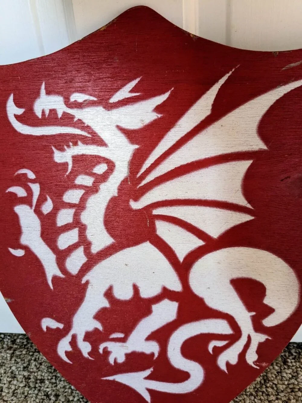 Wood Handmade Toy Wooden Shield with Dragon Stencil and Leather Handle